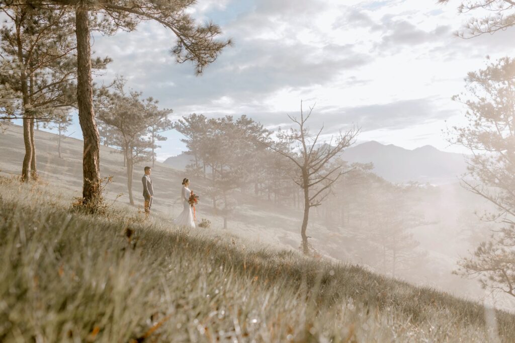 elegant wedding couple standing on foggy hill